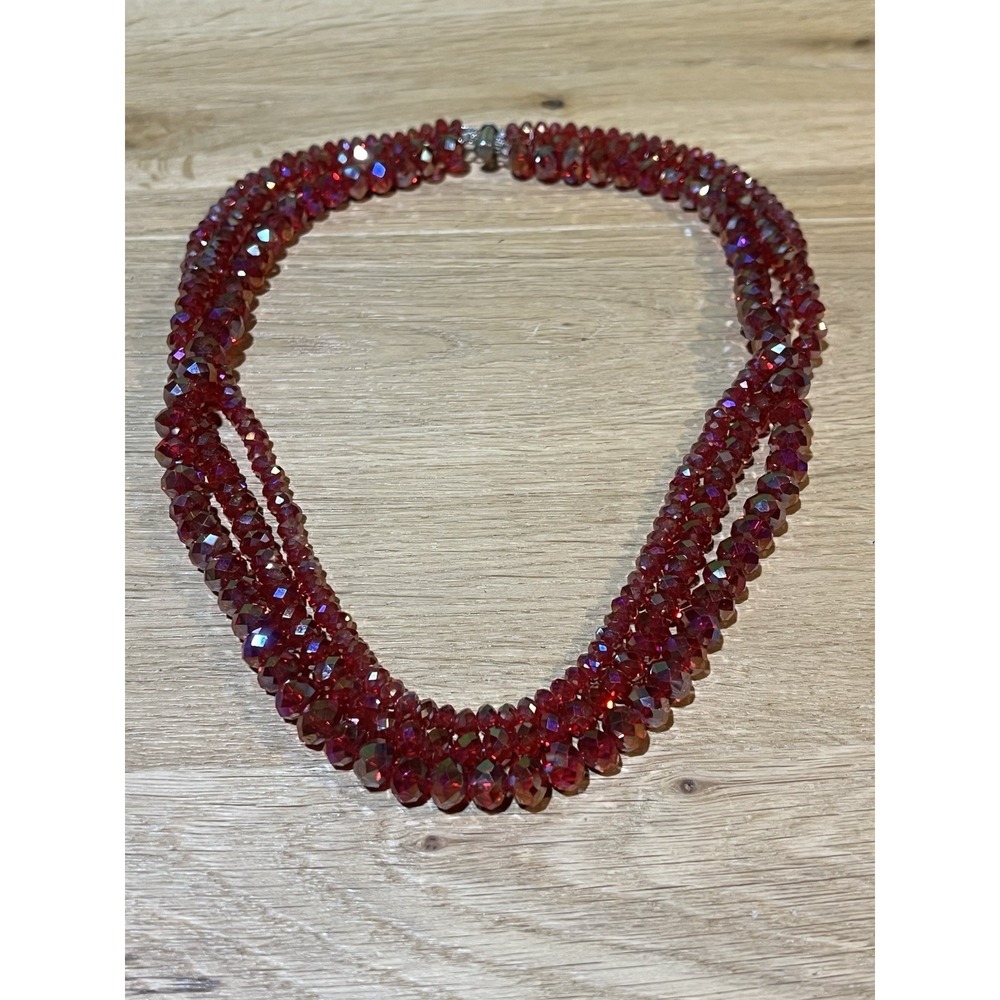 Signed DONNA DRESSLER 925 Sterling Clasp 3 Strand Red Faceted Glass 22" Necklace